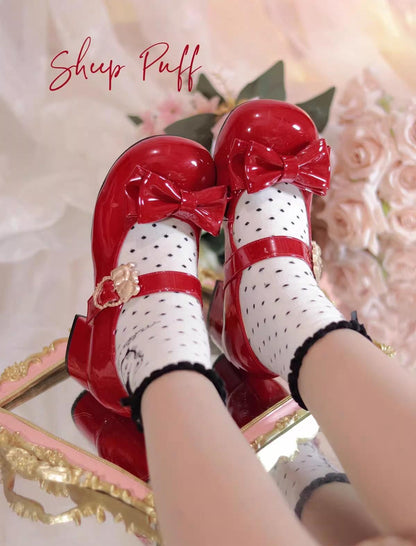 Sheep Puff - Hug Bear - Sweet Lolita Heel Shoes Bear Metal Buckle Bow Shoes