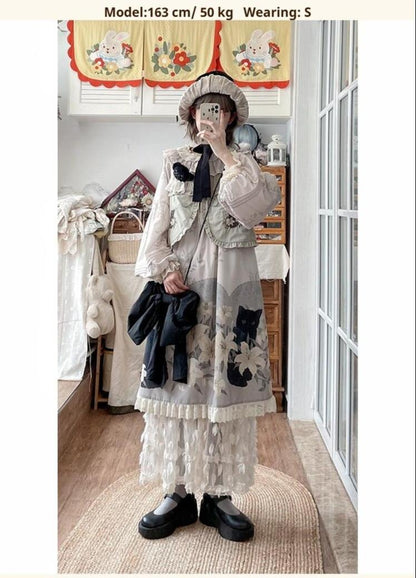 Akiyama Future Studio - Black Cat and Lily - Loose Kawaii Lolita OP Dress with Vest and Hat