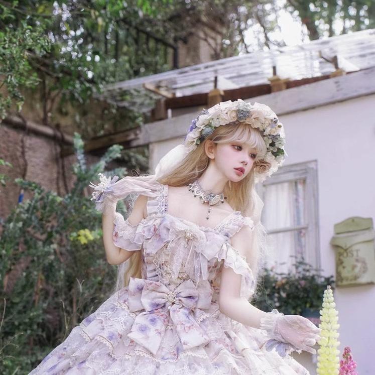 Cat Fairy - Rose Letter - Gorgeous Lolita JSK Princess Dress Chiffon Floral Printed Blue Dress