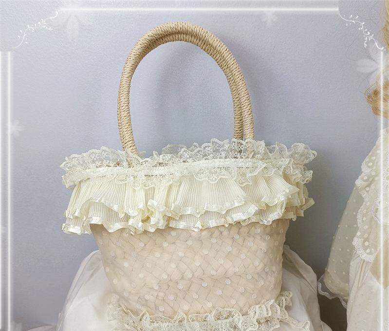 Cocoa Jam - Retro Lolita Hat Hand-basket Ivory Lace Lolita Hat Hand-basket