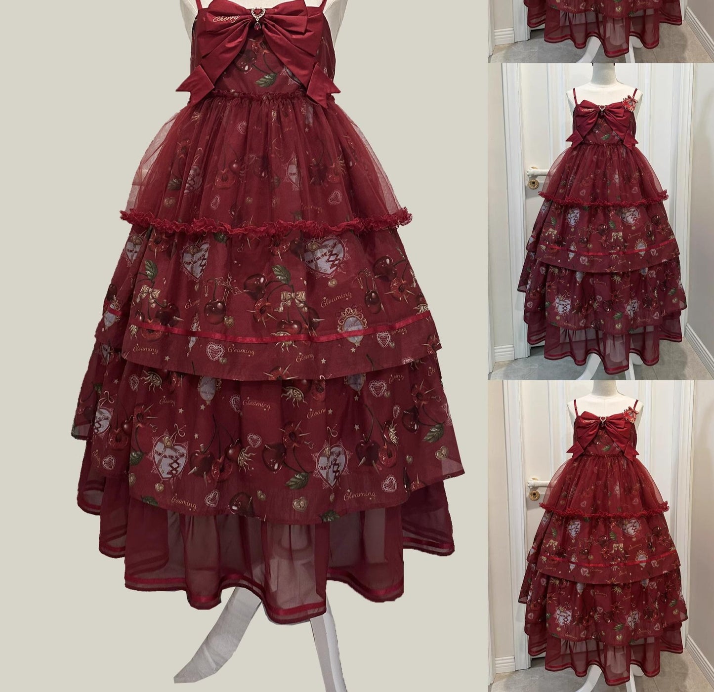 Gloaming - Sweet Lolita Cherry print Short Sleeve OP and SK Set