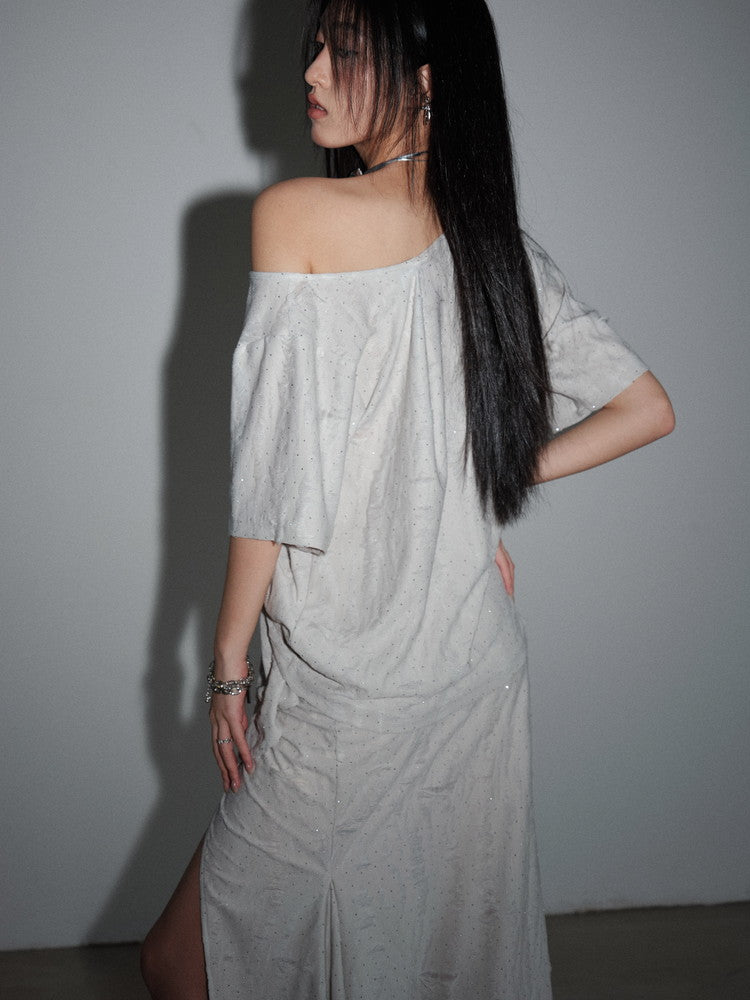 T-Shirt＆Long-Skirt Asymmetry Loose One-Shoulder Casual Nichi Set-Up