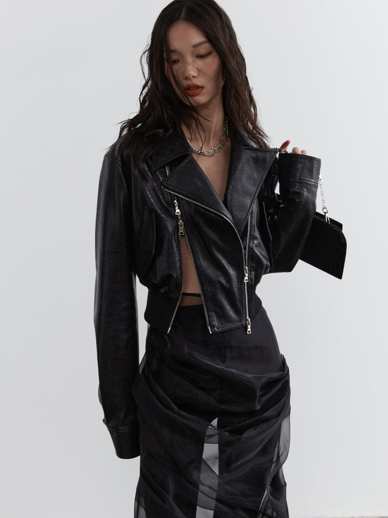 Leather Double-Zip Drop-Shoulder Riders-Jacket