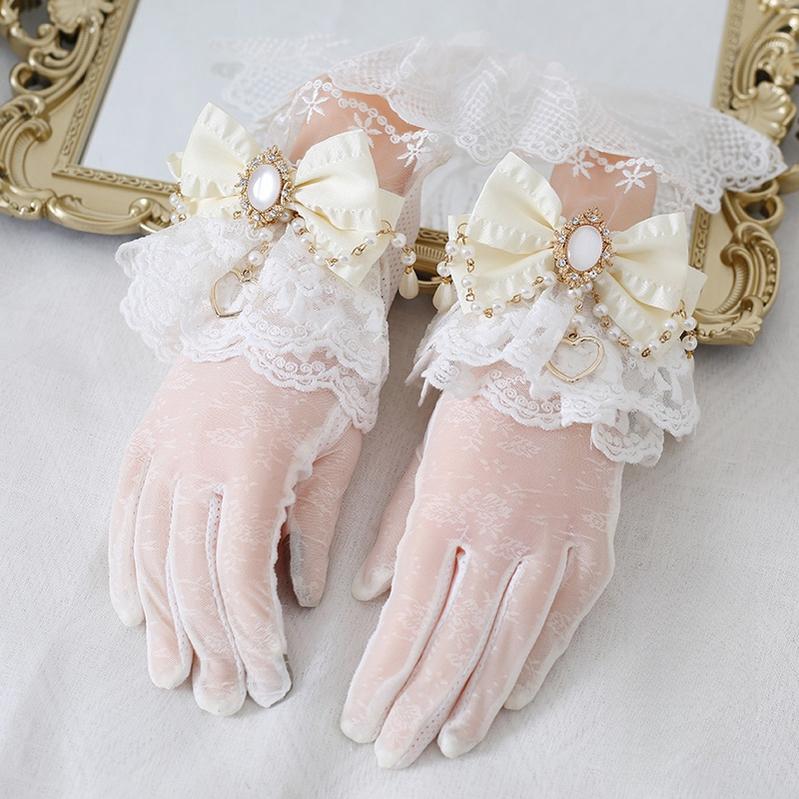 Xiaogui - Vintage Lolita Gloves Lace Bow Bead Chain Sunscreen Gloves