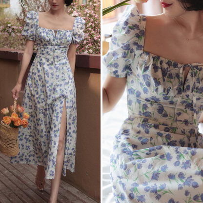 Blue Floral Pattern French Retro Dress