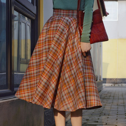 orange green plaid flare skirt