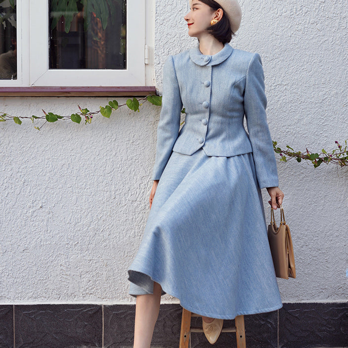 Light blue classic tweed jacket and tweed skirt