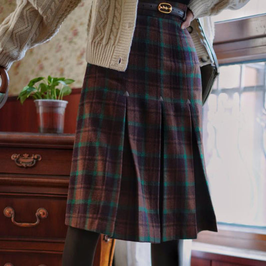 Dark brown plaid classical pleated skirt