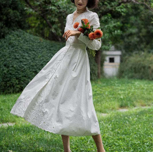 Floral embroidery white vintage dress