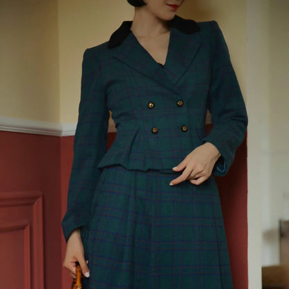 Indigo green plaid retro jacket and tight skirt and flared skirt