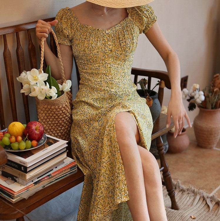 Yellow green bouquet french dress