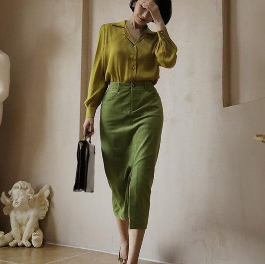 Western green retro straight skirt