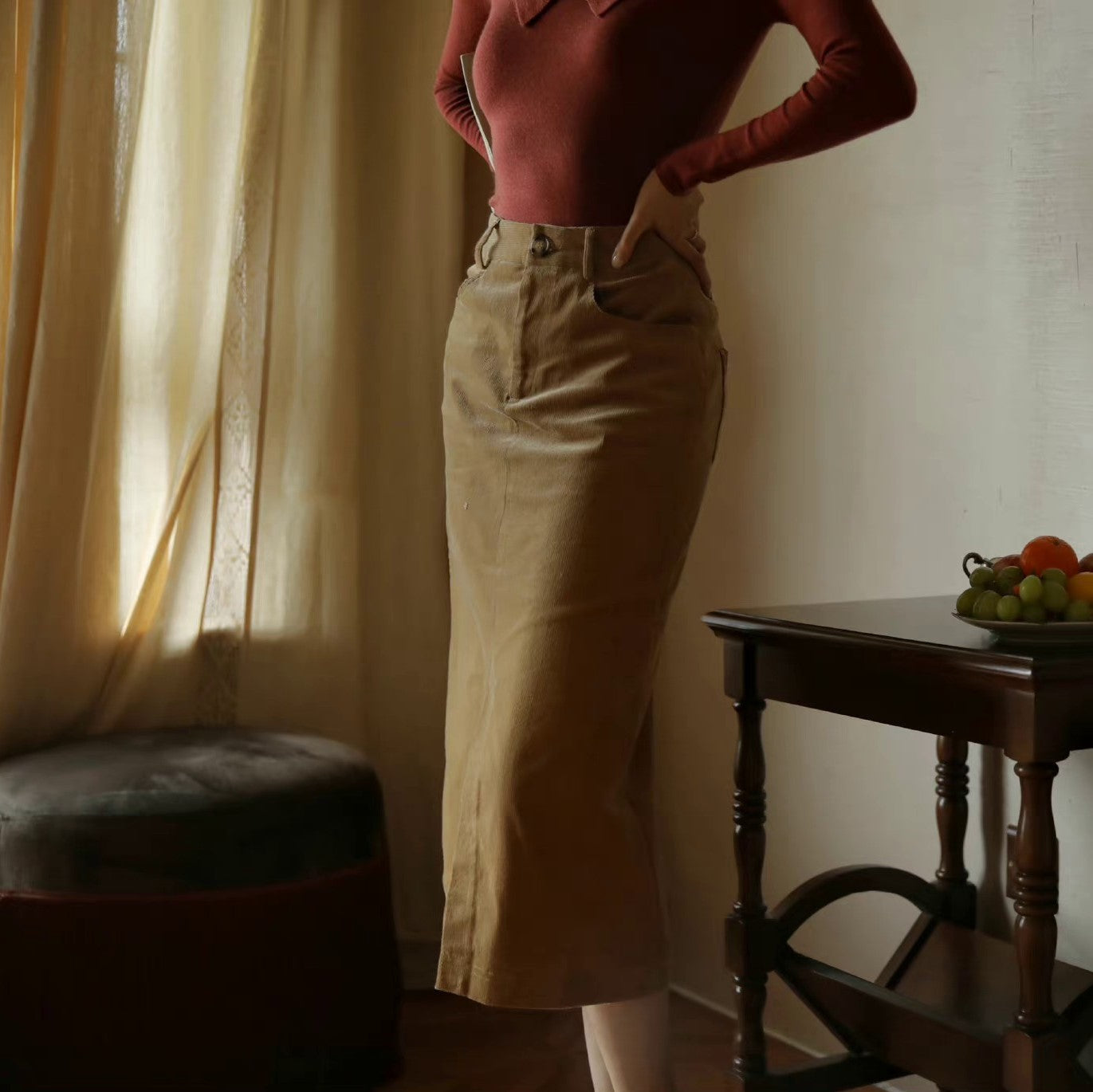 Gray brown retro straight skirt