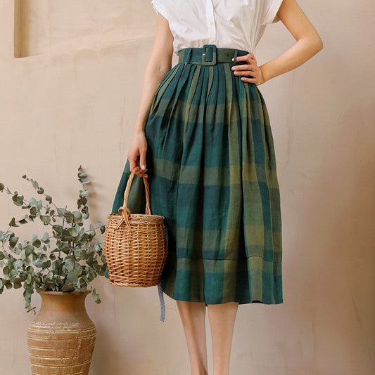 Dark green plaid retro umbrella skirt