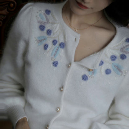 blue flower embroidery knit cardigan