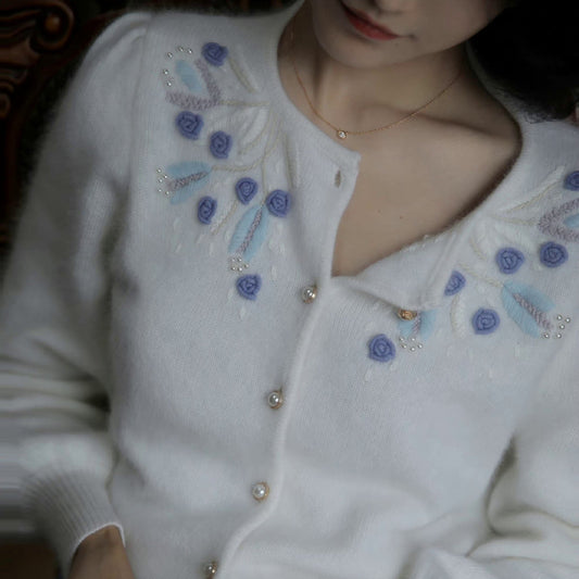 blue flower embroidery knit cardigan