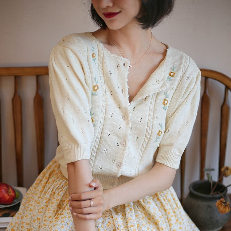 Ivory Flower Embroidered Knit Cardigan