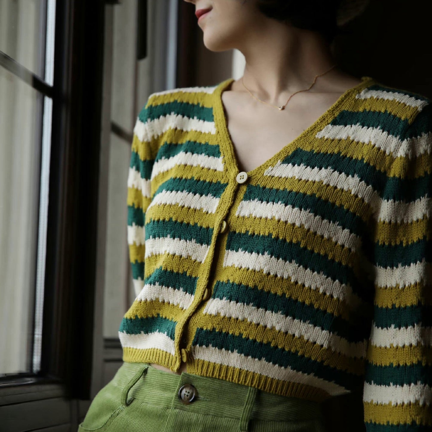 green striped cardigan