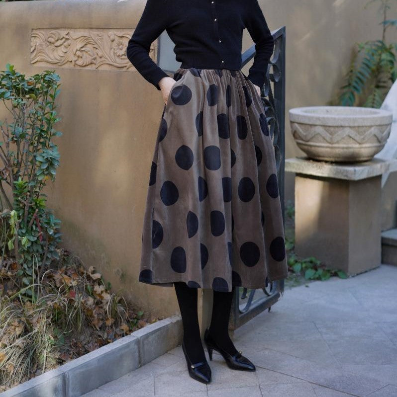 Birch brown polka dot velvet umbrella skirt