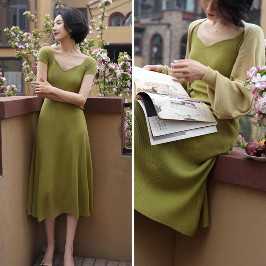 Green Ladies Slim Knit Dress and Knit Bolero