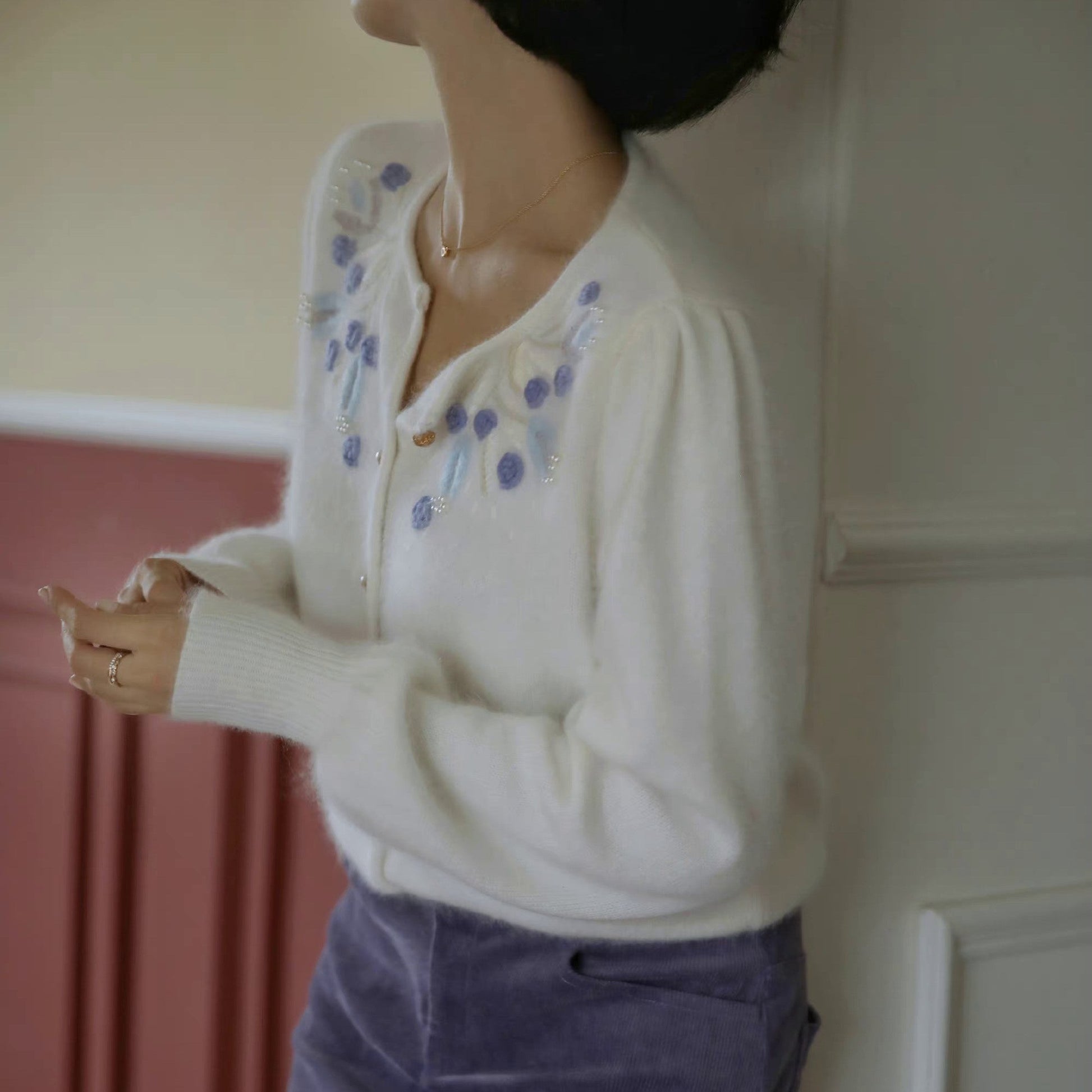 blue flower embroidery knit cardigan