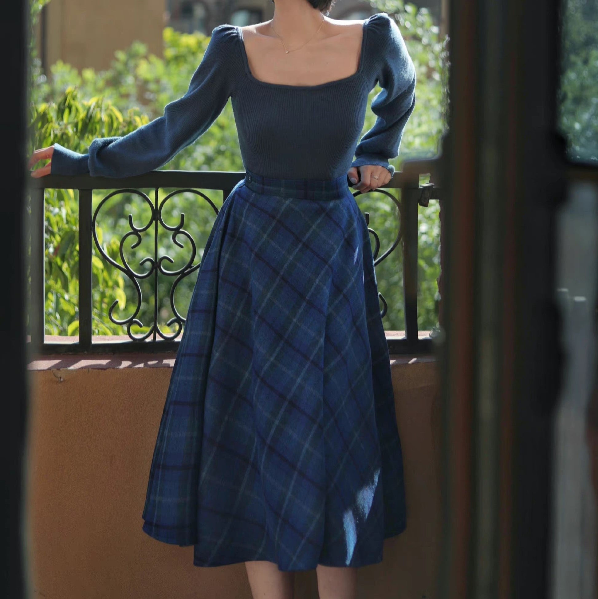 Blue Indigo Checkered Umbrella Skirt