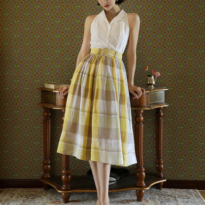 Pale yellow plaid retro umbrella skirt