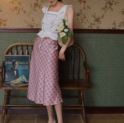 Pink flower pattern french skirt