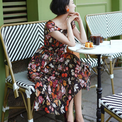 Retro flower sketch wide neck dress