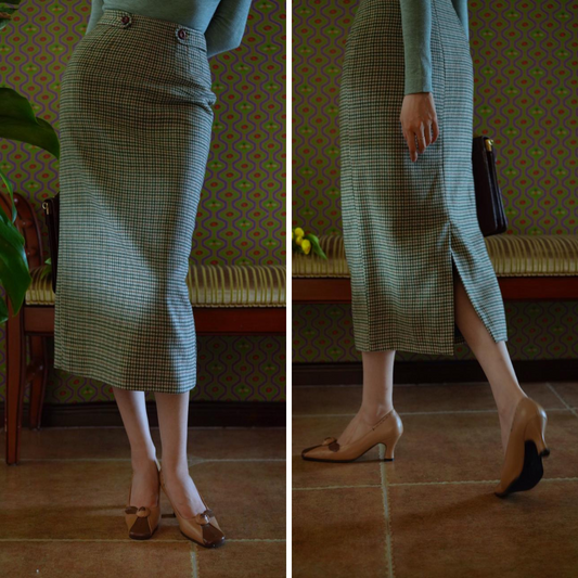 Blue-green houndstooth tweed tube skirt