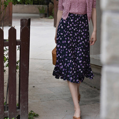 purple flower retro middle skirt