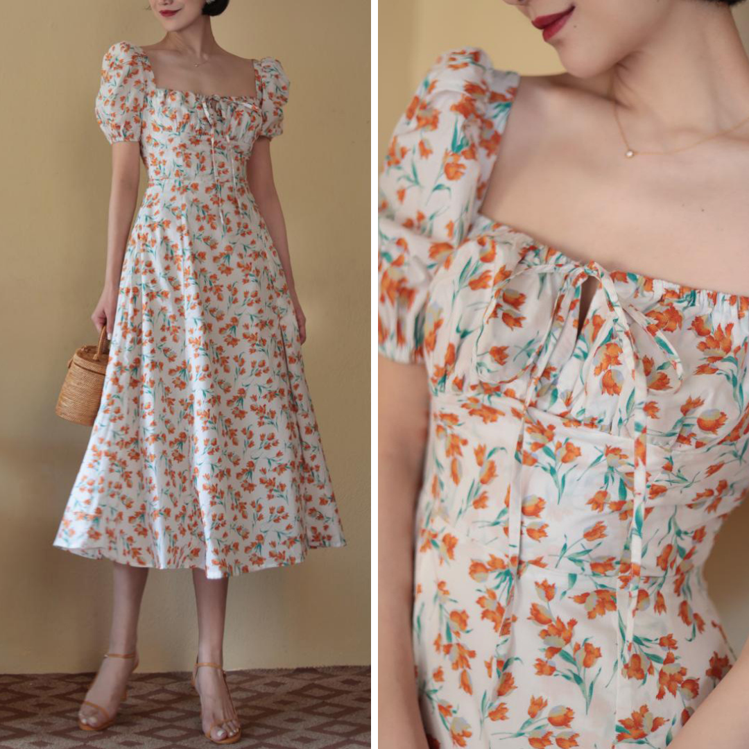 Red Orange Flower Pattern French Retro Dress