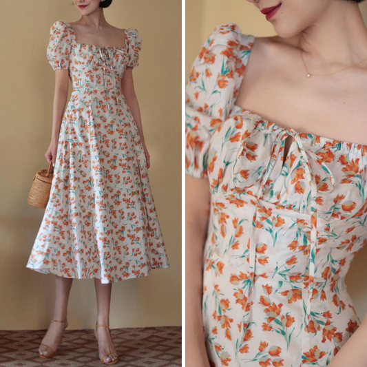 Red Orange Flower Pattern French Retro Dress