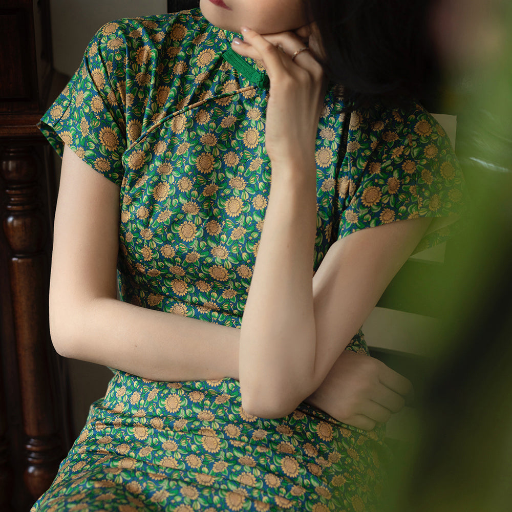 Deep green small sunflower cheongsam dress