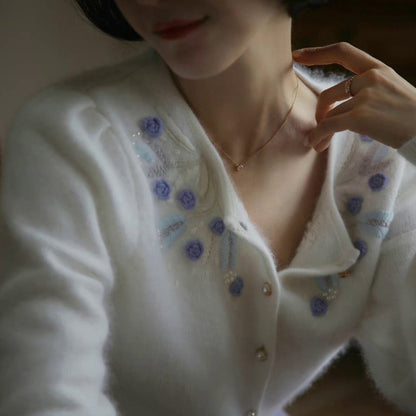 blue flower embroidery knit cardigan