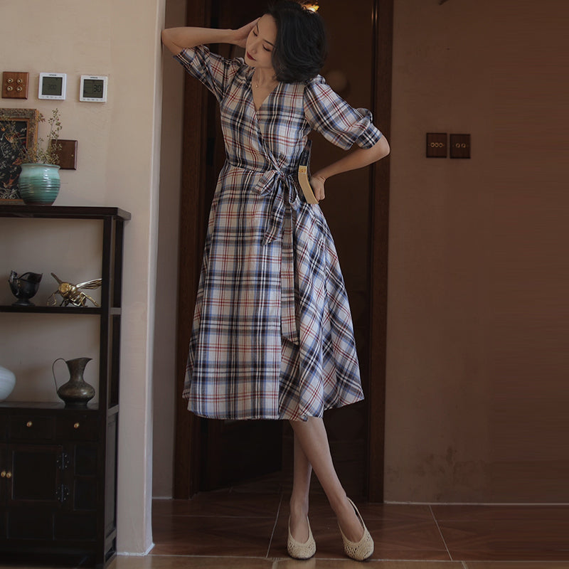 Indigo red plaid retro dress