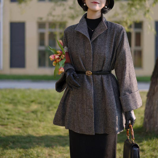 Black lady herringbone wool coat