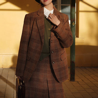 Mannish plaid retro wool jacket and wool skirt