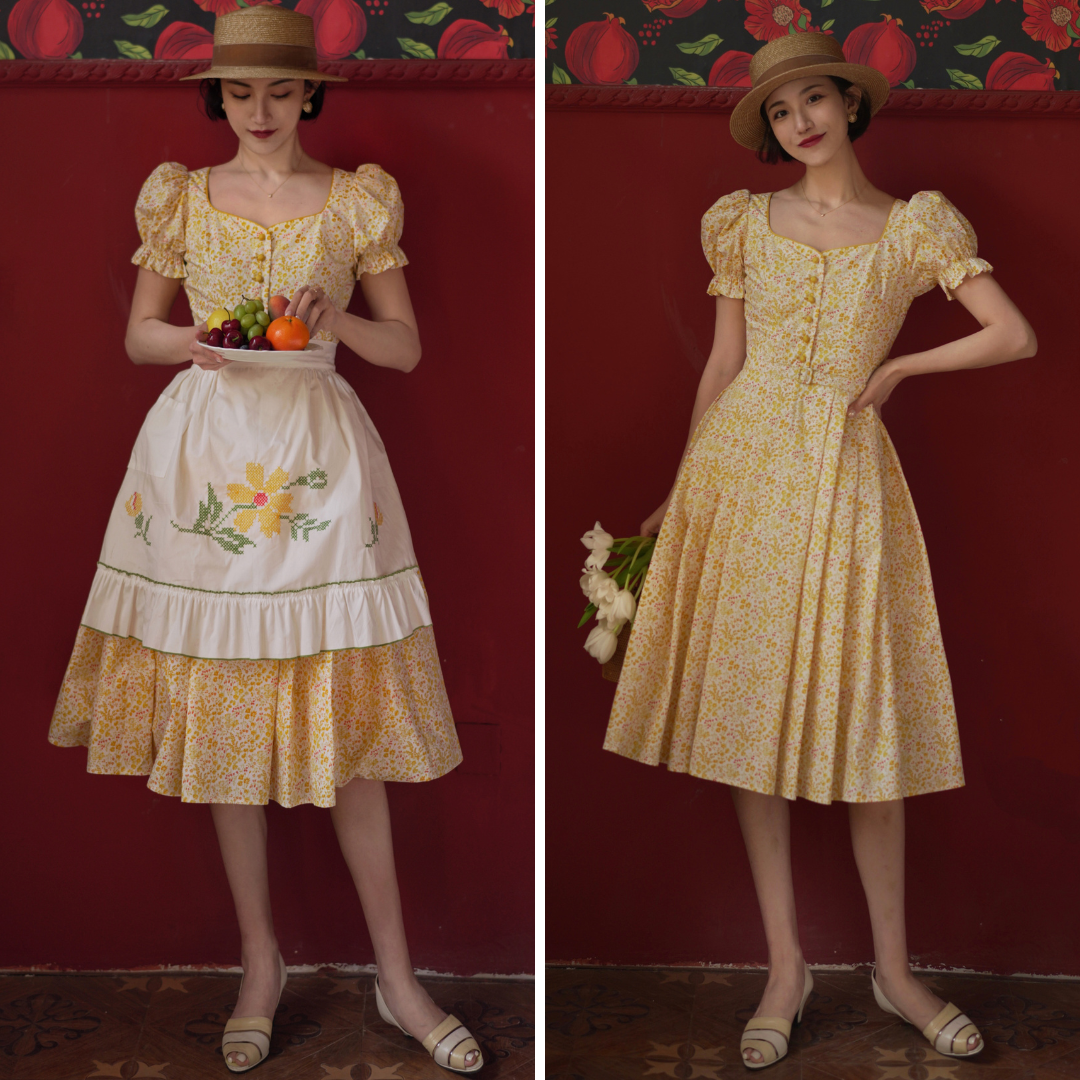 Yellow flower retro dress and embroidered apron