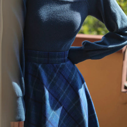 Blue Indigo Checkered Umbrella Skirt