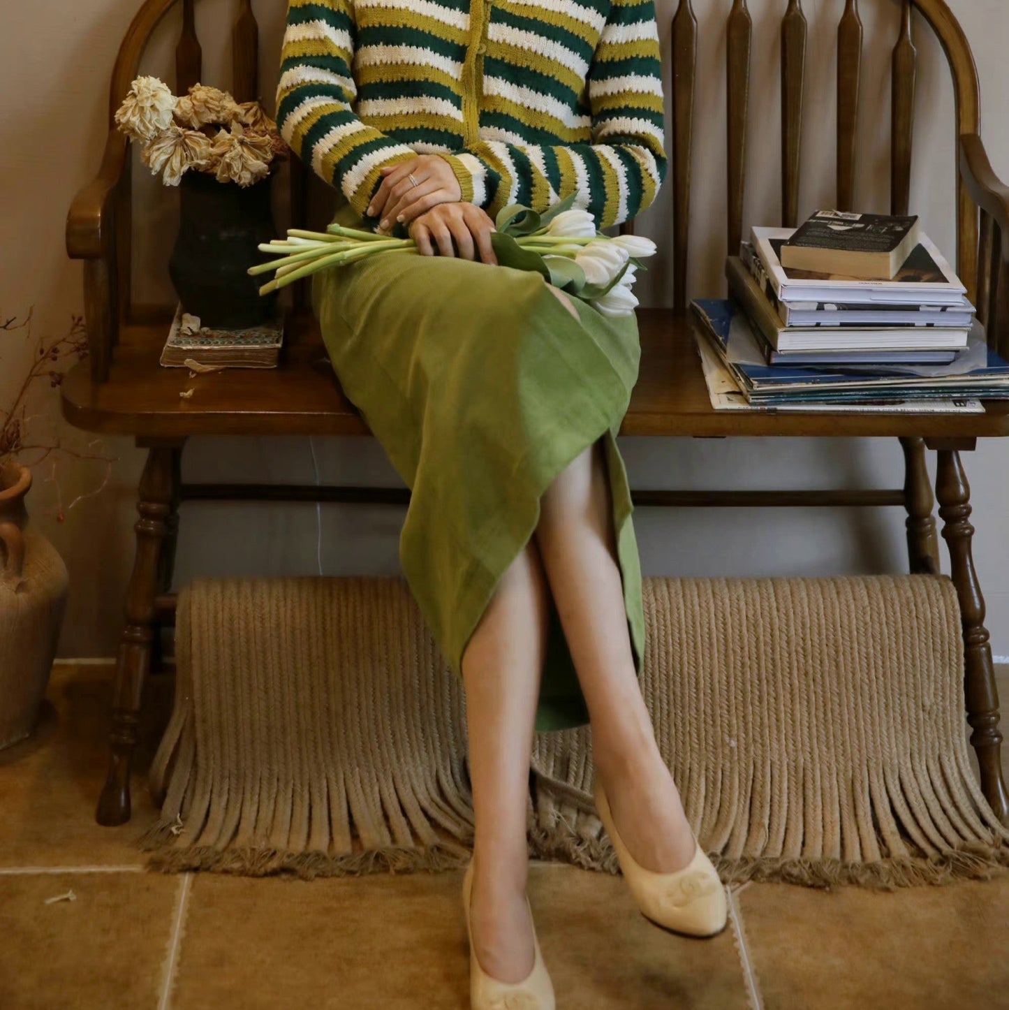 Western green retro straight skirt