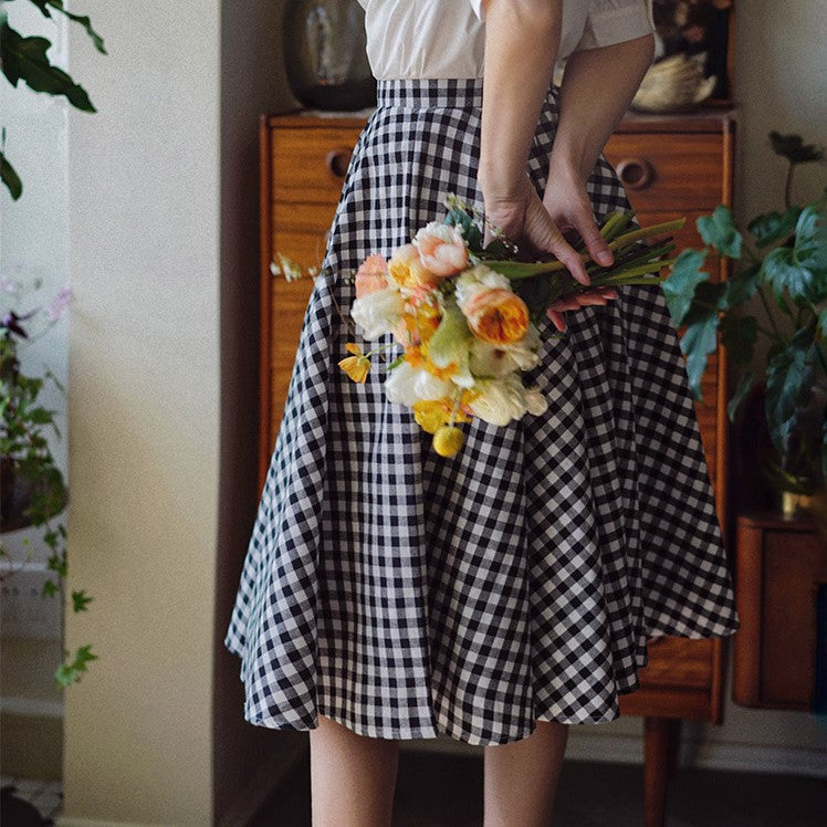 black white plaid hepburn skirt