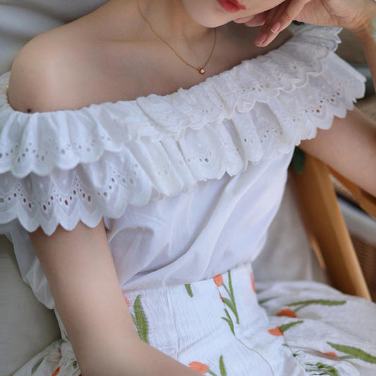 Pure white embroidery off-shoulder blouse