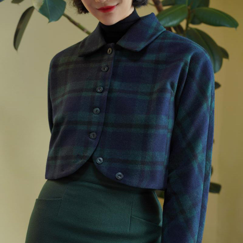 Indigo Green Plaid Classical Short Jacket