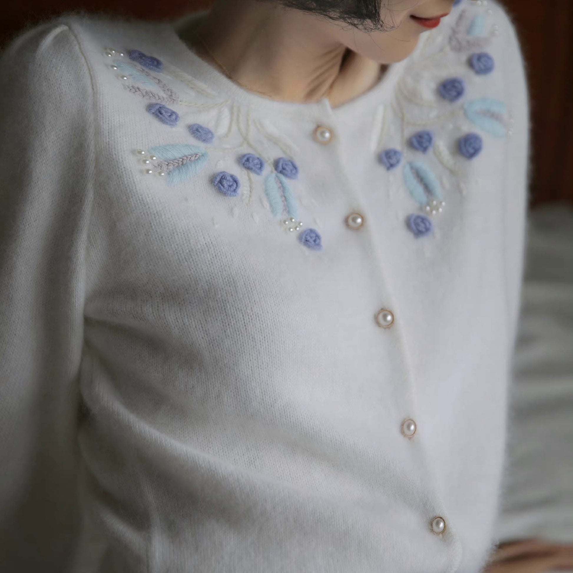 blue flower embroidery knit cardigan