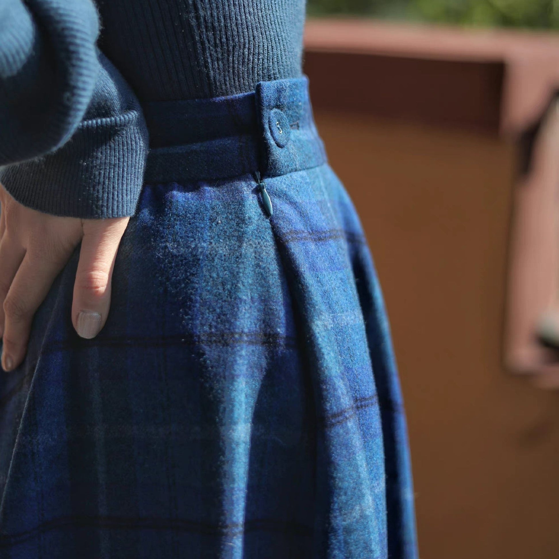 Blue Indigo Checkered Umbrella Skirt