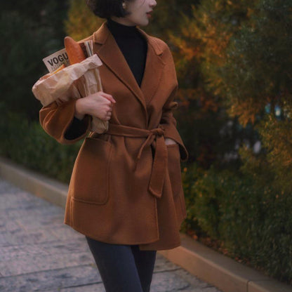 Gray Brown Lady Classical Middle Wool Coat