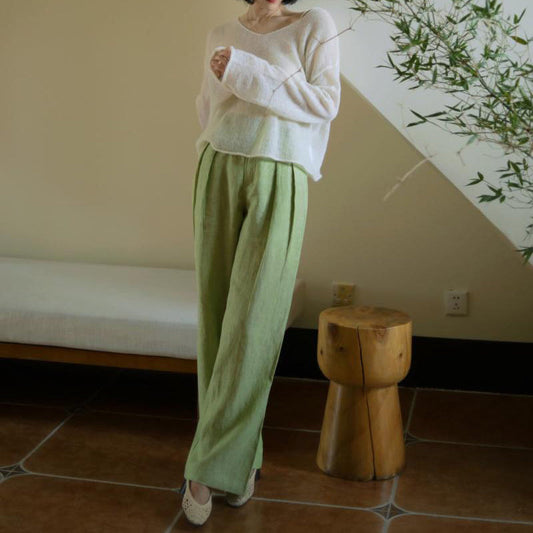 Yellow Light Green Lady Wide Leg Linen Pants