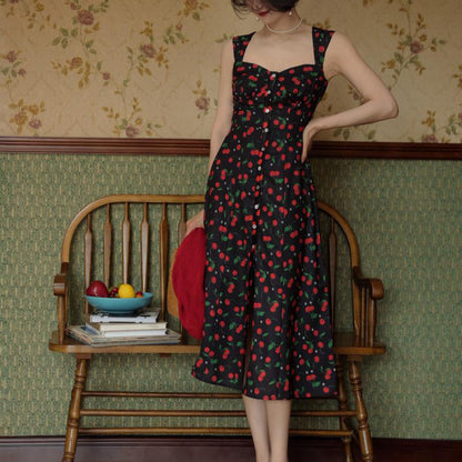 Jet black fruit print retro dress