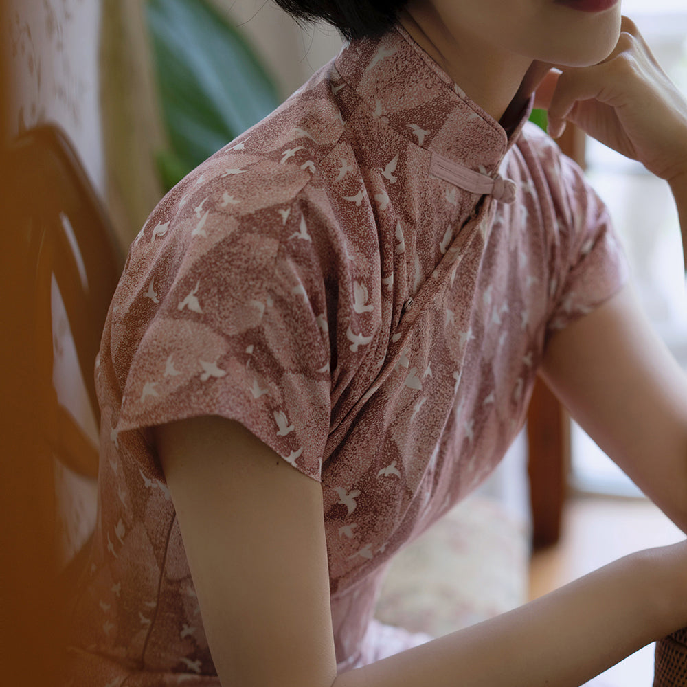 Pale crimson bird cheongsam dress